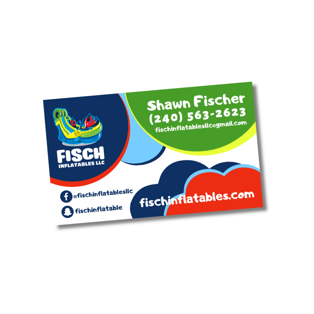 business card custom design for party rental business fisch inflatables bright colors red green dark blue with contact info