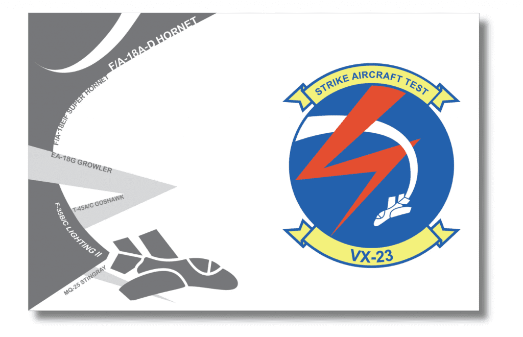 Concept art featuring the VX-23 Strike Aircraft Test Squadron insignia from Patuxent River Naval Air Station, with stylized aircraft silhouettes including the F/A-18 Hornet, EA-18G Growler, T-45C Goshawk, F-35B Lightning II, and MQ-25 Stingray.