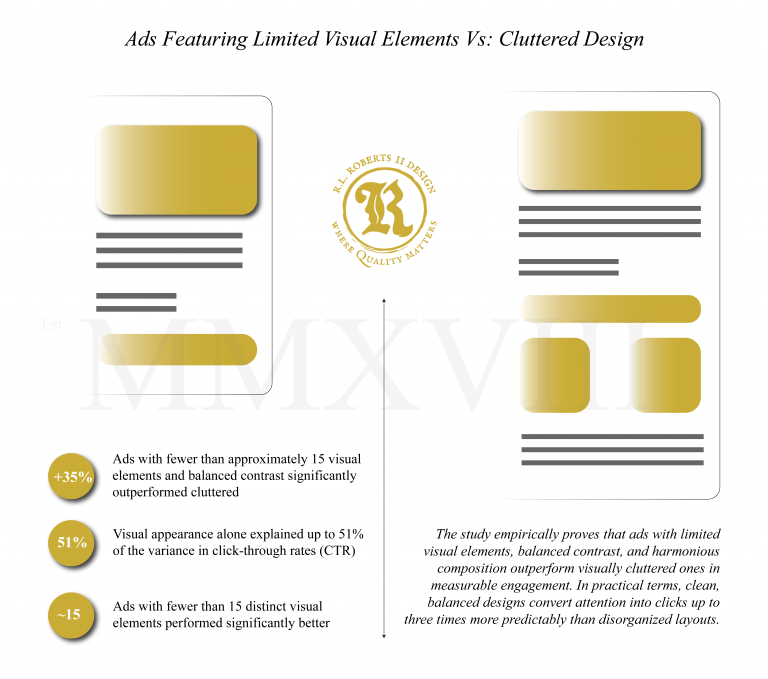 infographic comparing clean and cluttered ad layouts showing that designs with fewer visual elements and balanced contrast achieve higher engagement rates