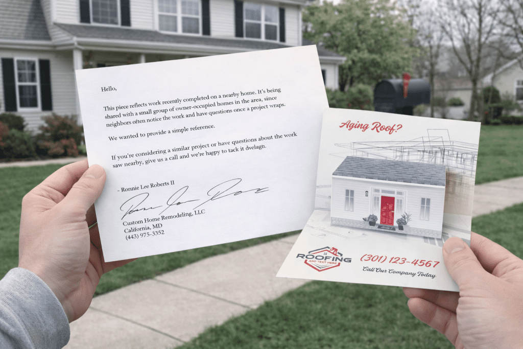 context beats pricing offers in southern maryland man opening mailers in front of his somd home