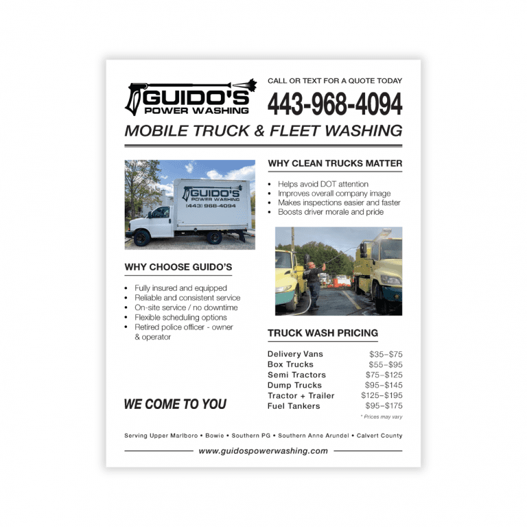 Graphic design flyer for mobile truck and fleet washing service in Southern Maryland, featuring high-contrast layout, clear pricing table, and commercial fleet marketing design by R.L. Roberts II Design, LLC.