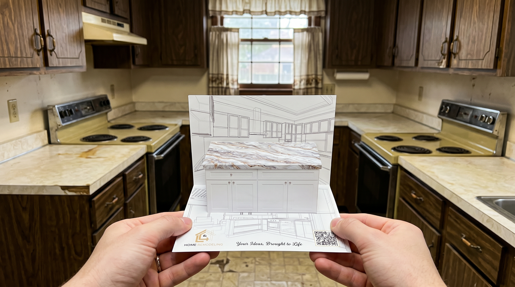 homeowner holding a 3dc unit as they imagine the new kitchen